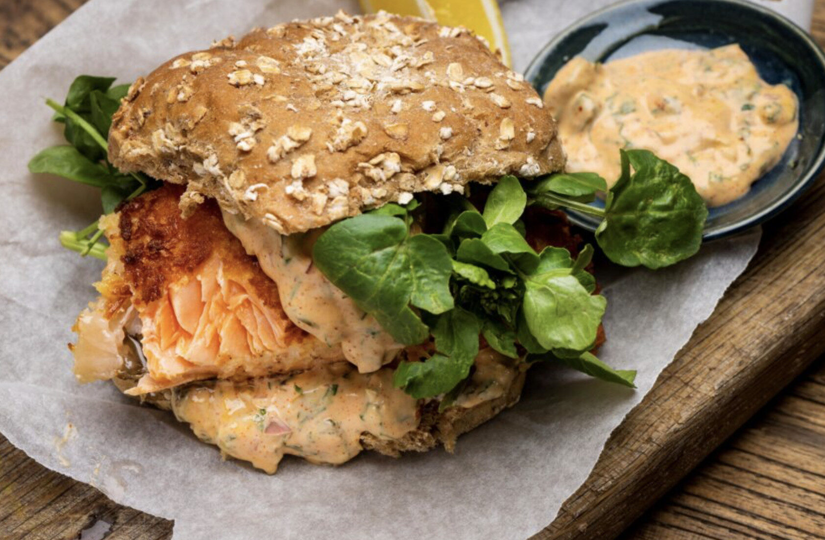 Crispy Trout Burger, Watercress, Fish Burger sauce